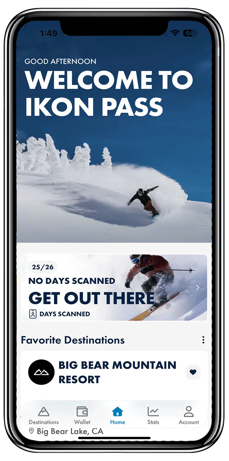 Home splash screen on the Ikon Pass app